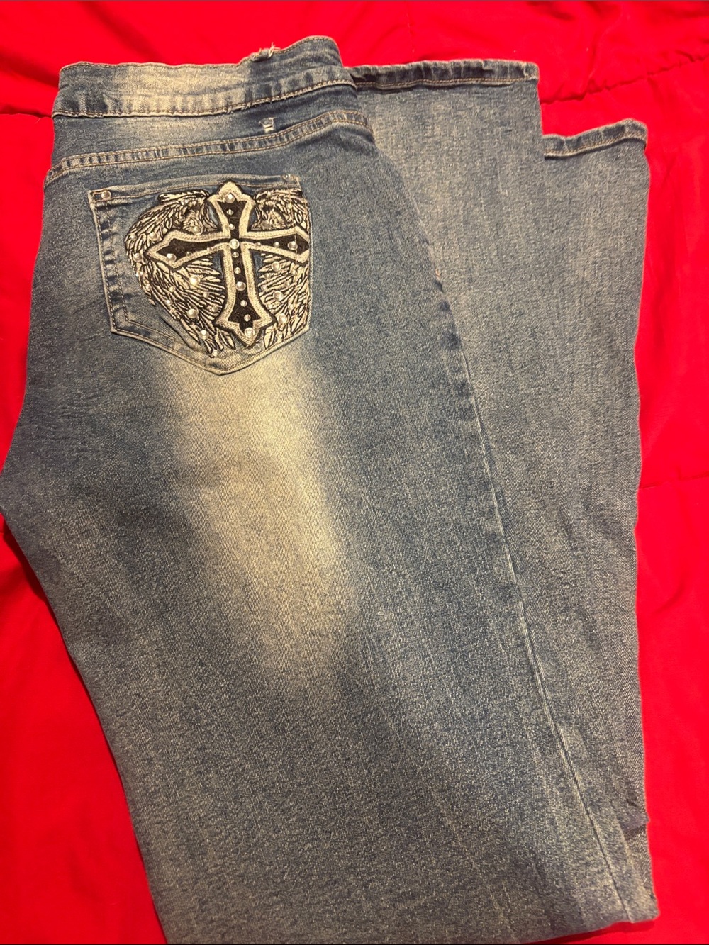 ROMWE Blue Straight-Leg Jeans with Embroidered Cross Pocket